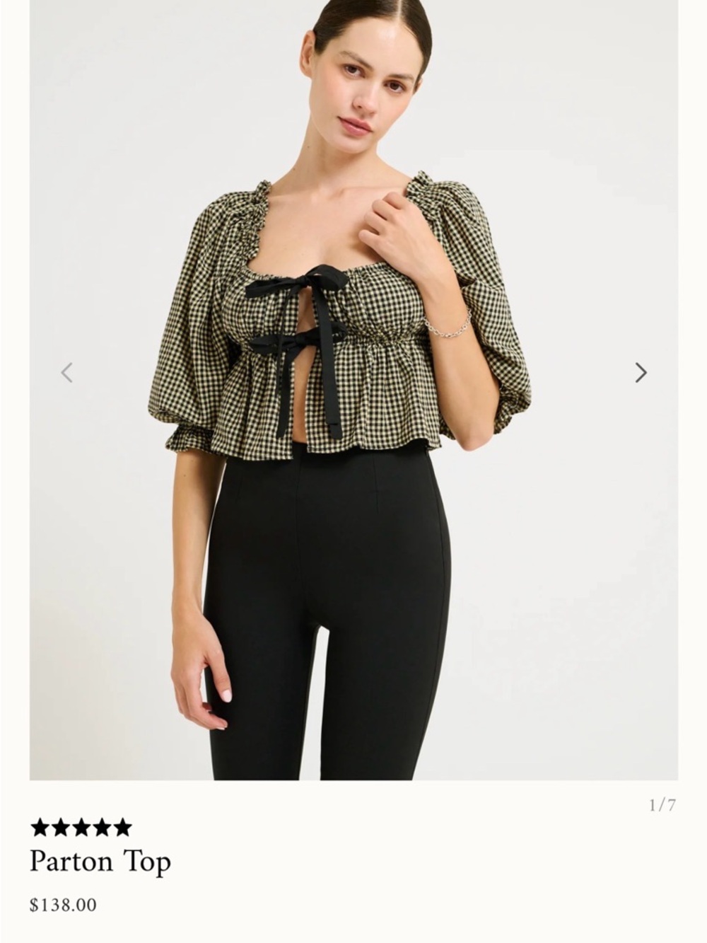Rumored Black & Cream Gingham Puff-Sleeve Tie-Front Top